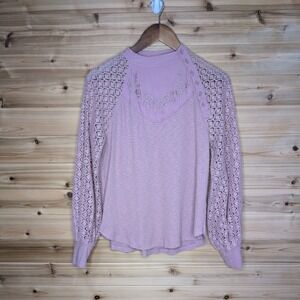 Free People Crochet Lace Sleeve Waffle Knit Thermal Top Pink Embroidered Small